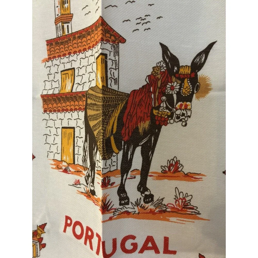 Vintage Algarve Portugal Linen Tea Towel Souvenir Donkey Chimney Folk Art 70s
